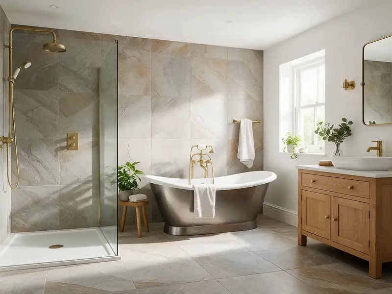 Renovated bathroom with walk-in shower, freestanding bath and oak vanity