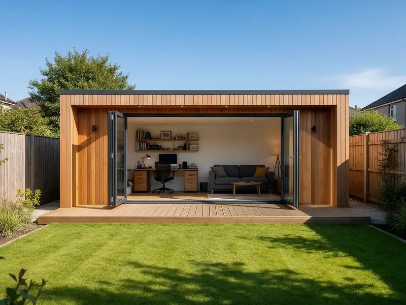 Timber clad garden room office at the end of a garden