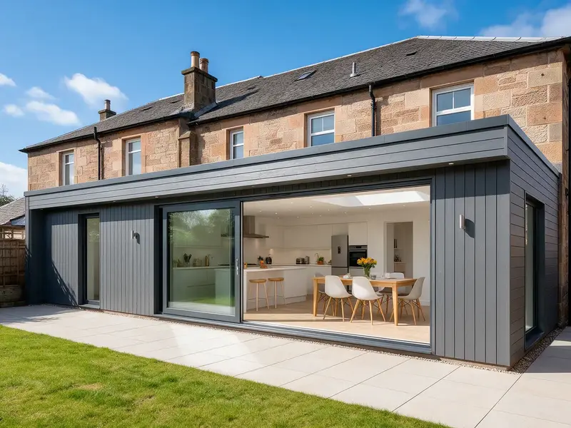 Single storey rear extension on a Scottish sandstone house, with sliding glass doors open to a new kitchen