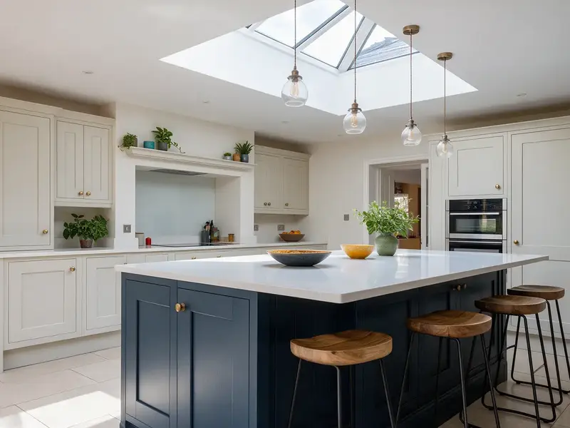 Shaker style kitchen with quartz worktops, island and roof lantern