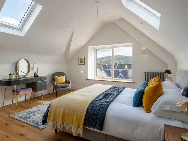 Bright loft conversion bedroom with dormer window and roof lights