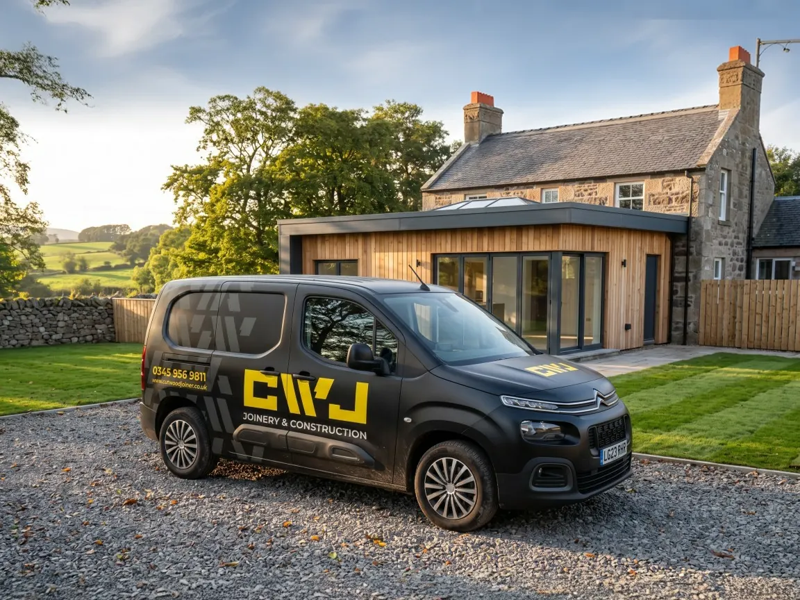 Black Cutwood Joinery & Construction van with yellow CWJ logo beside a timber clad extension in Ayrshire