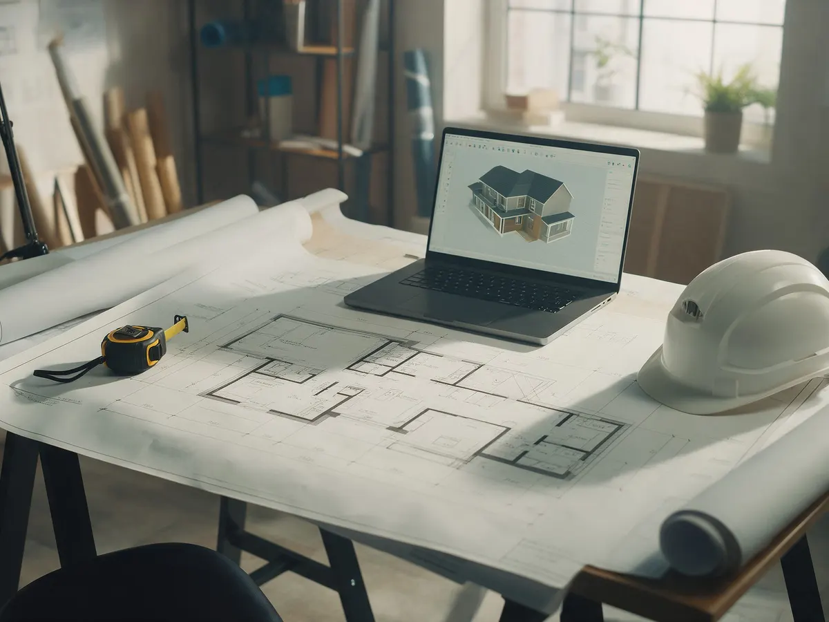 Architectural drawings and a laptop on a design desk