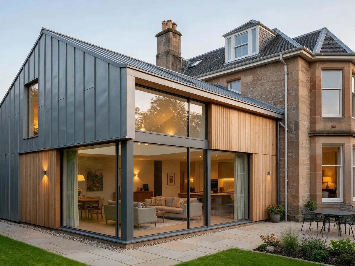 Zinc and oak extension on a sandstone house