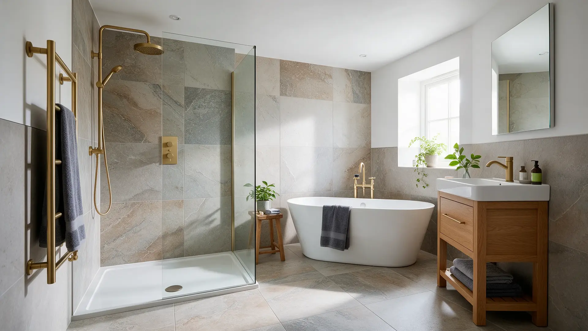 Renovated bathroom with walk-in shower, freestanding bath and oak vanity