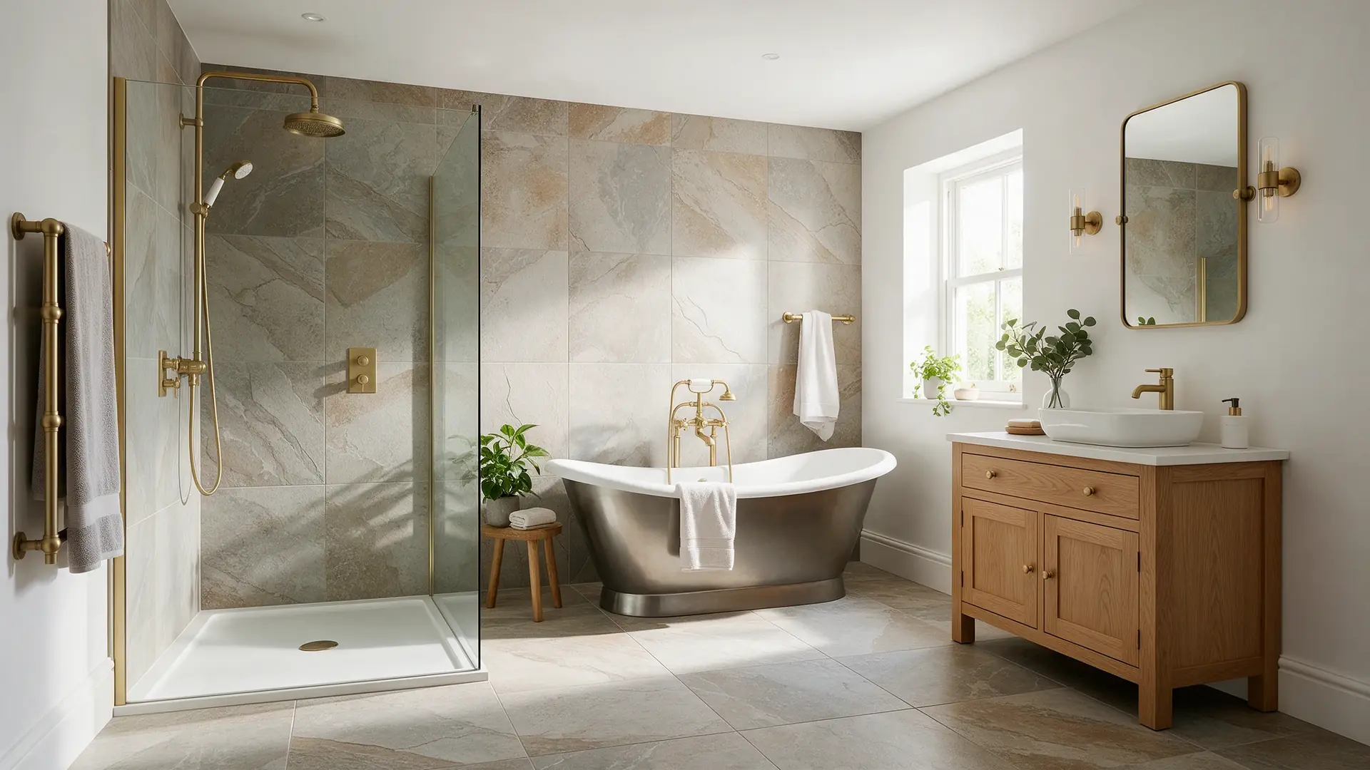 Renovated bathroom with walk-in shower, freestanding bath and oak vanity