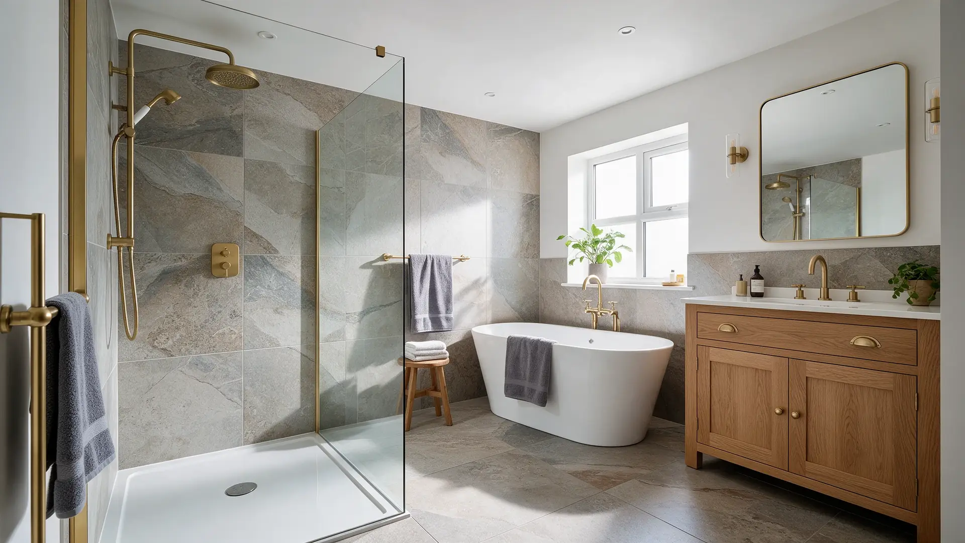 Renovated bathroom with walk-in shower, freestanding bath and oak vanity