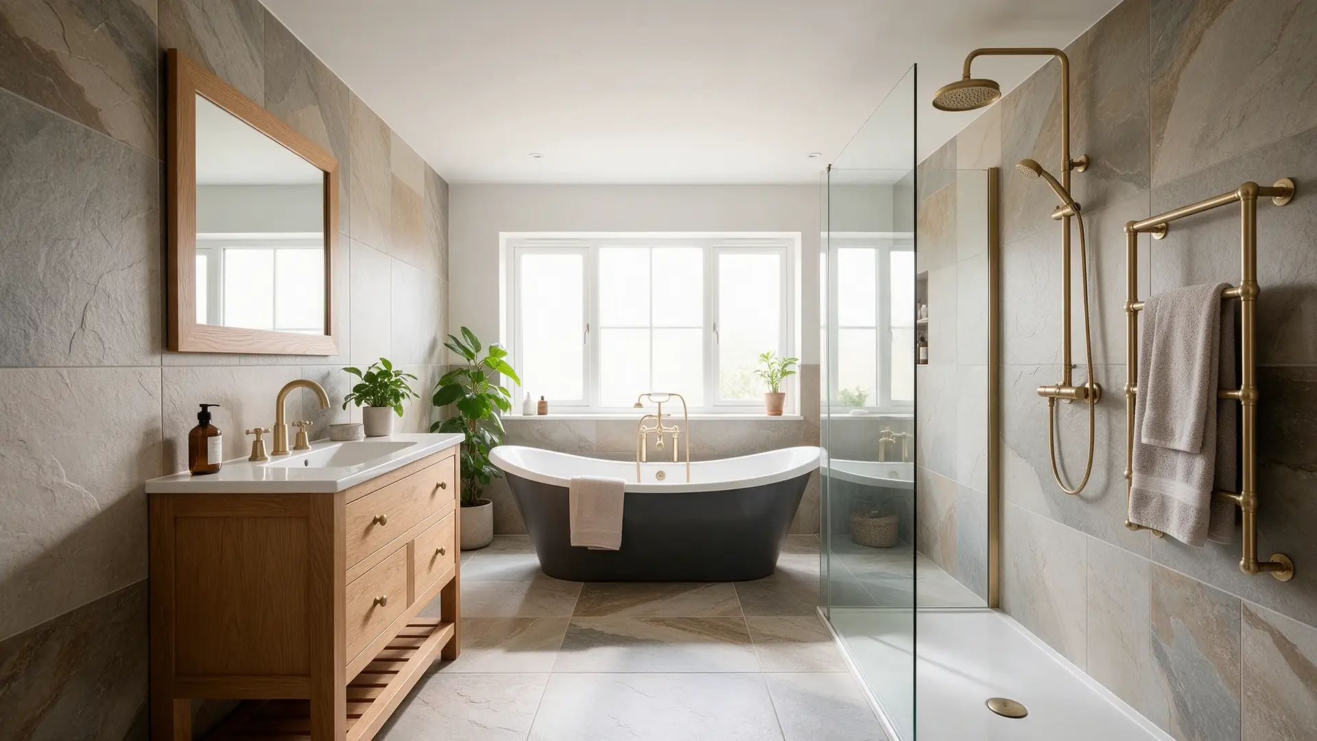 Renovated bathroom with walk-in shower, freestanding bath and oak vanity