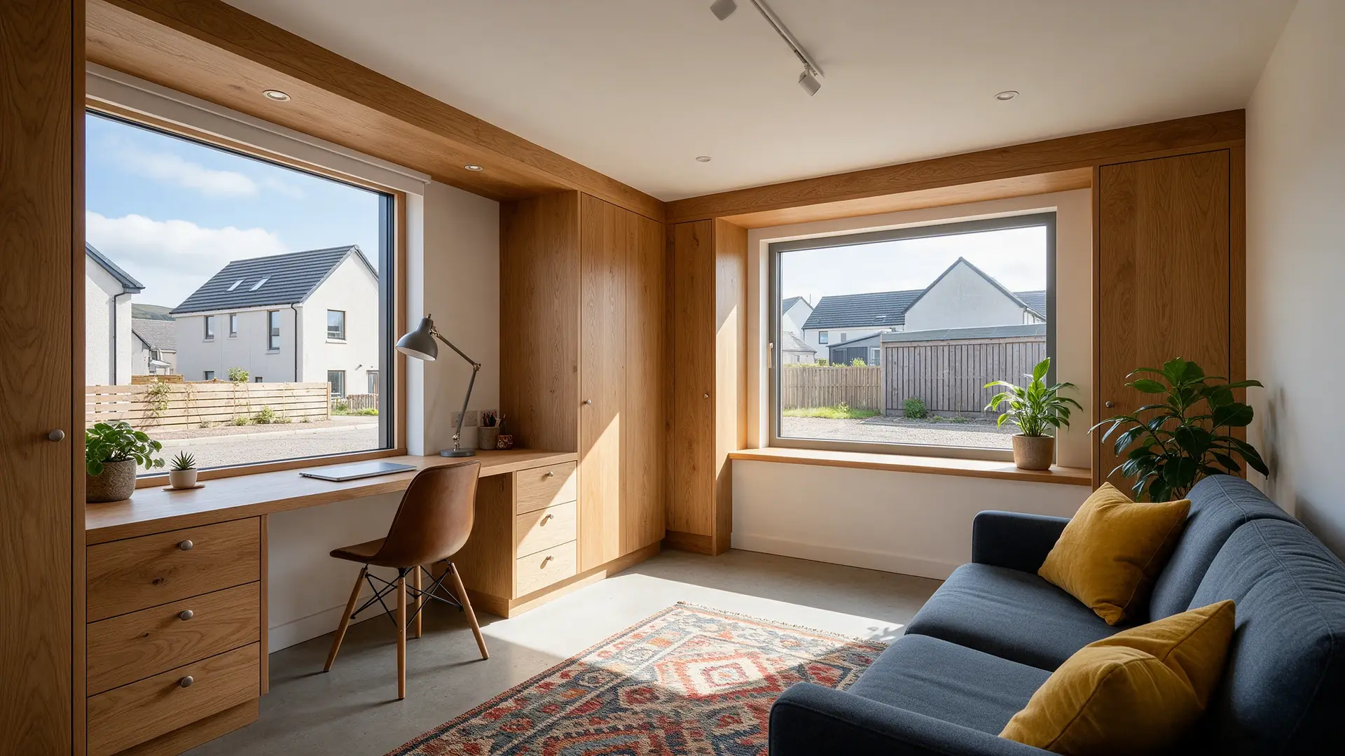 Garage converted into a home office and snug with built-in oak joinery