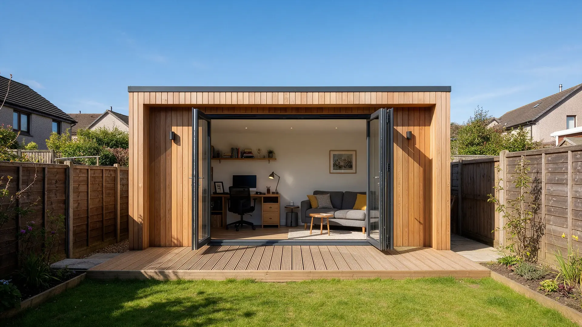 Timber clad garden room office at the end of a garden