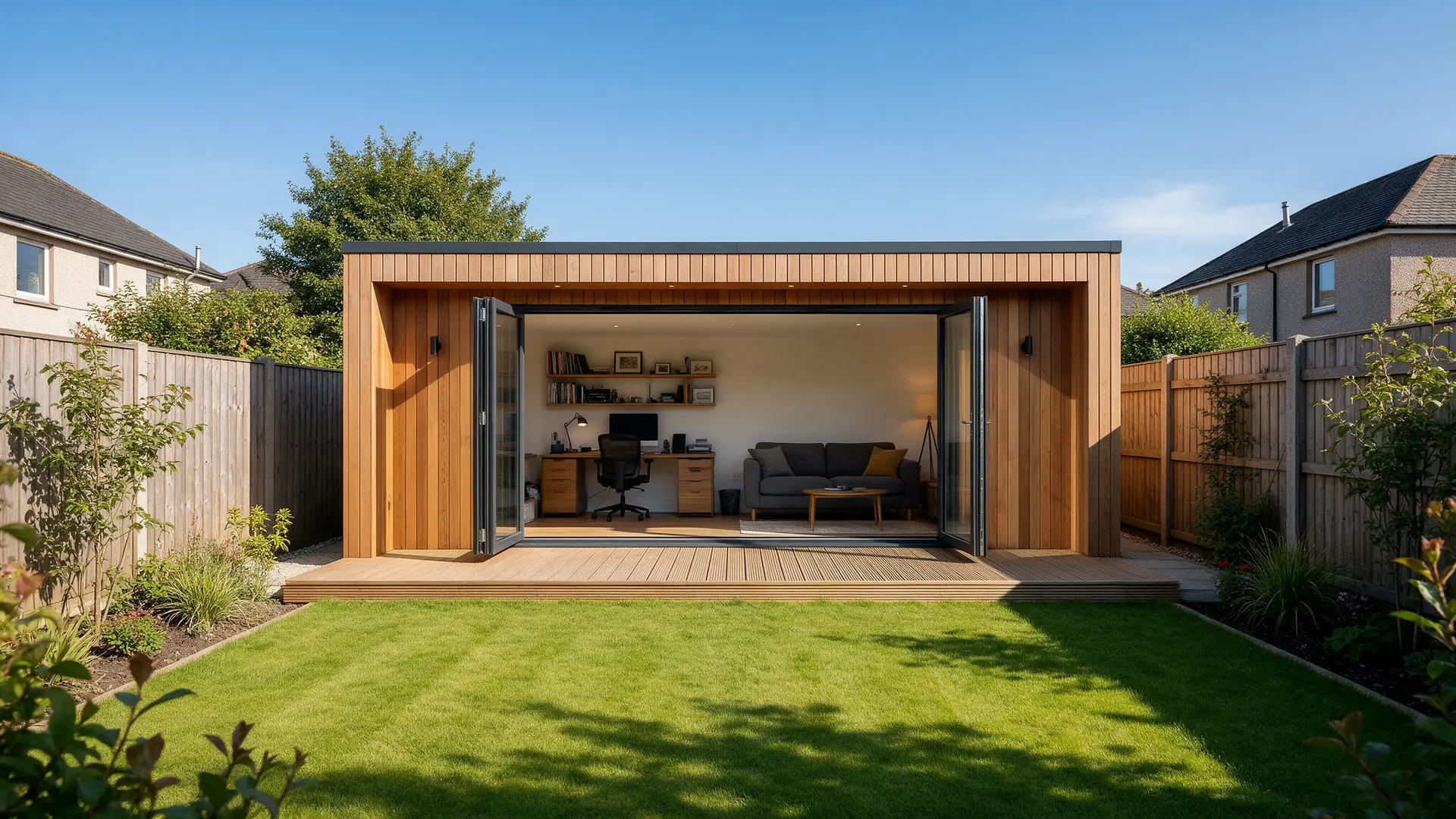 Timber clad garden room office at the end of a garden