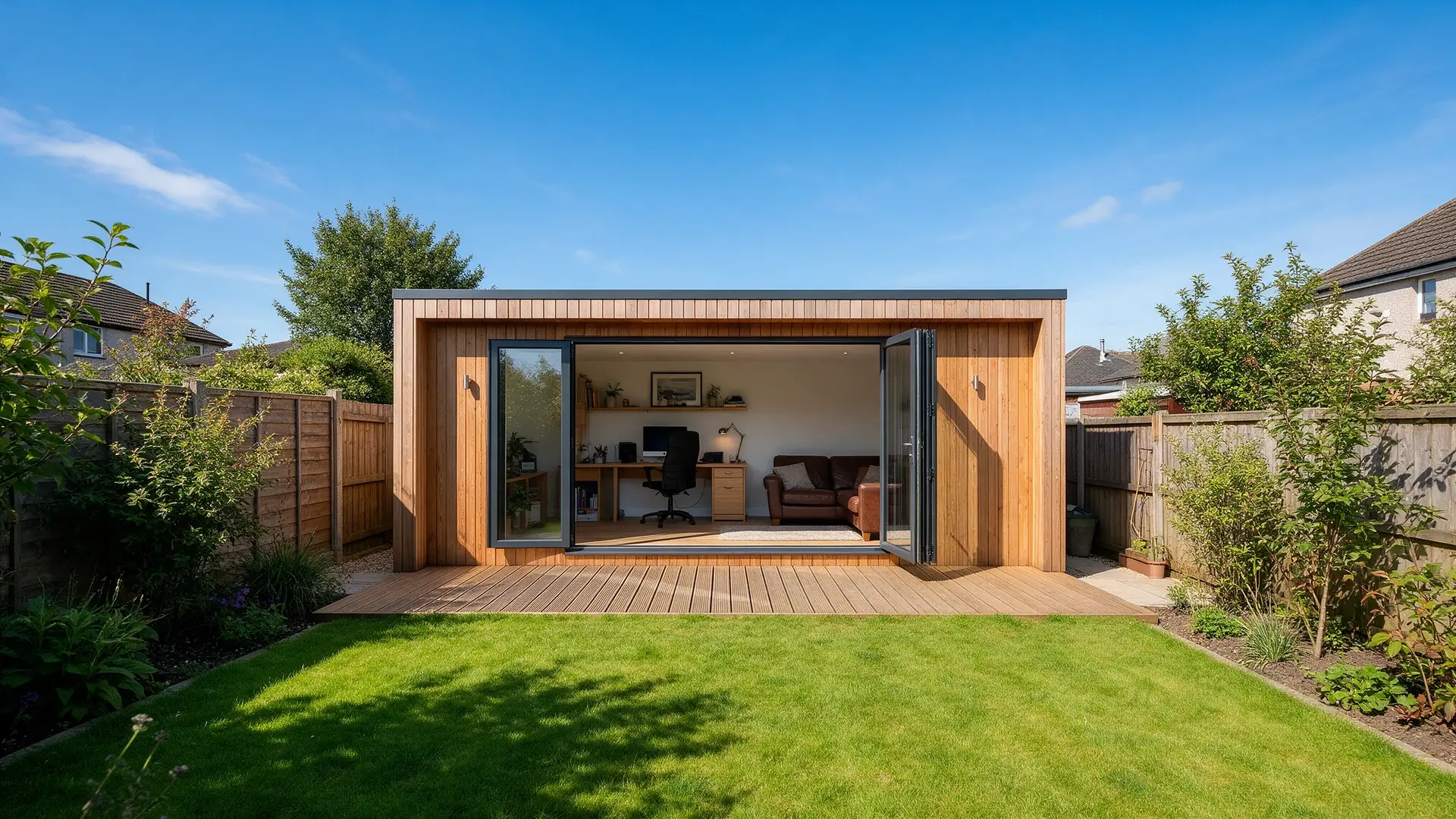 Timber clad garden room office at the end of a garden