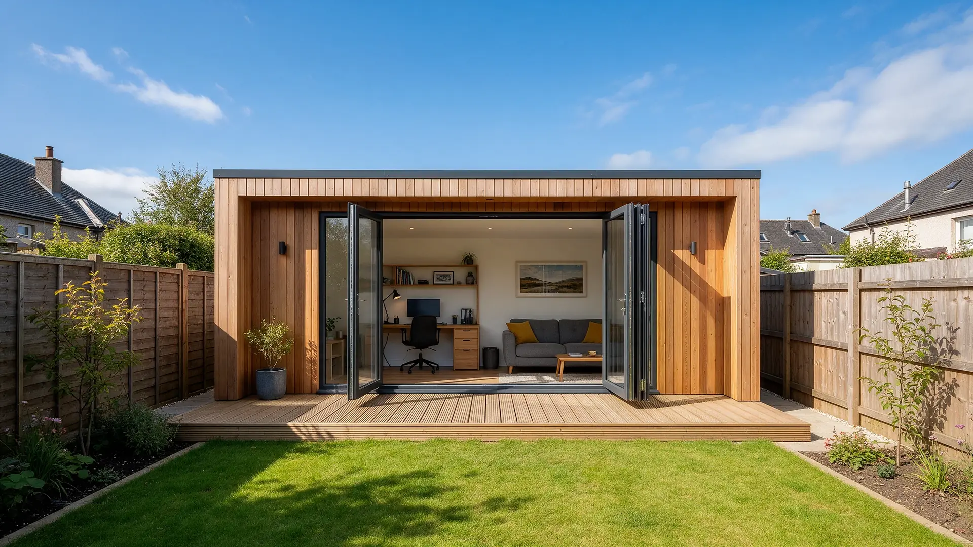 Timber clad garden room office at the end of a garden