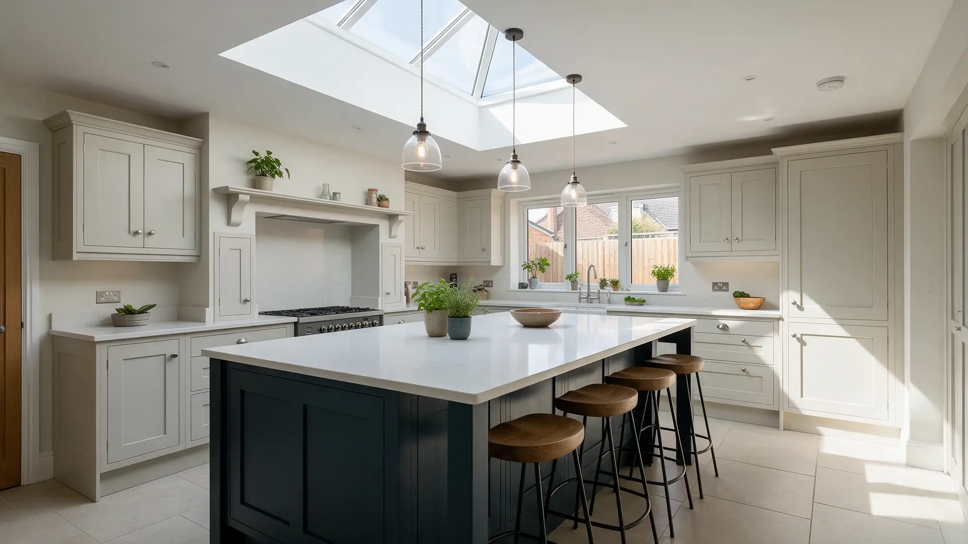 Shaker style kitchen with quartz worktops, island and roof lantern