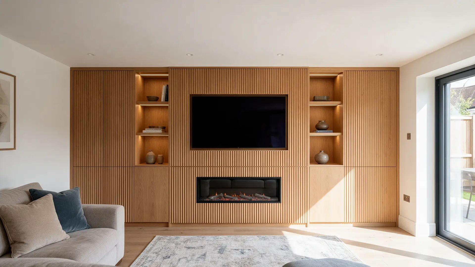 Fluted oak media wall with recessed TV, fire and shelf lighting