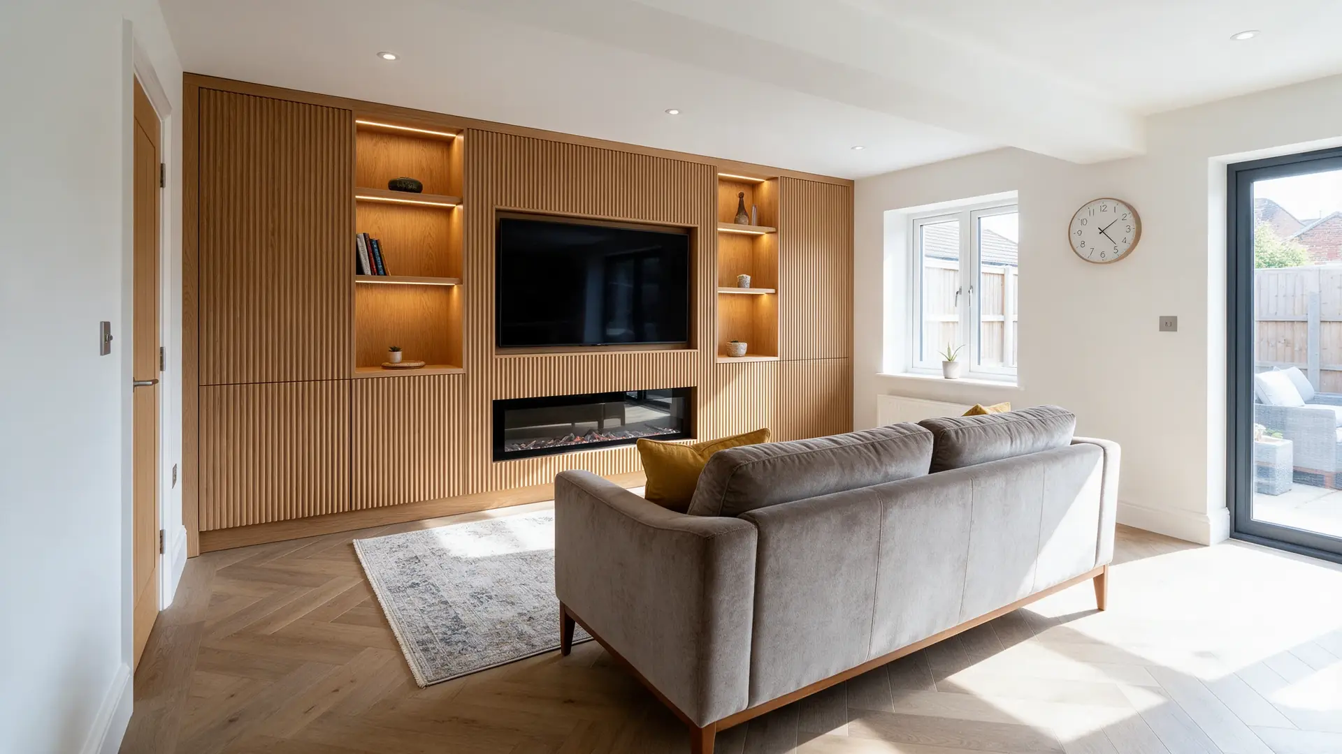 Fluted oak media wall with recessed TV, fire and shelf lighting