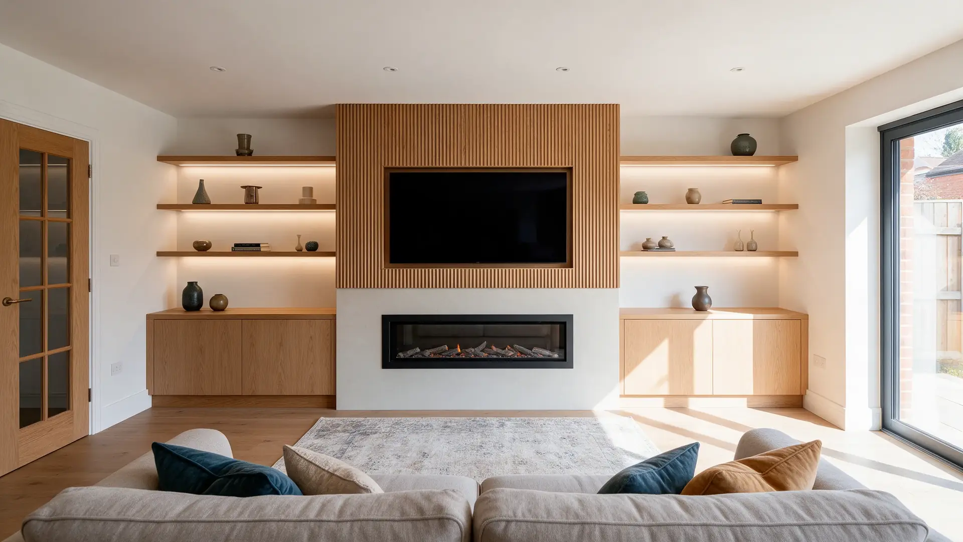 Fluted oak media wall with recessed TV, fire and shelf lighting