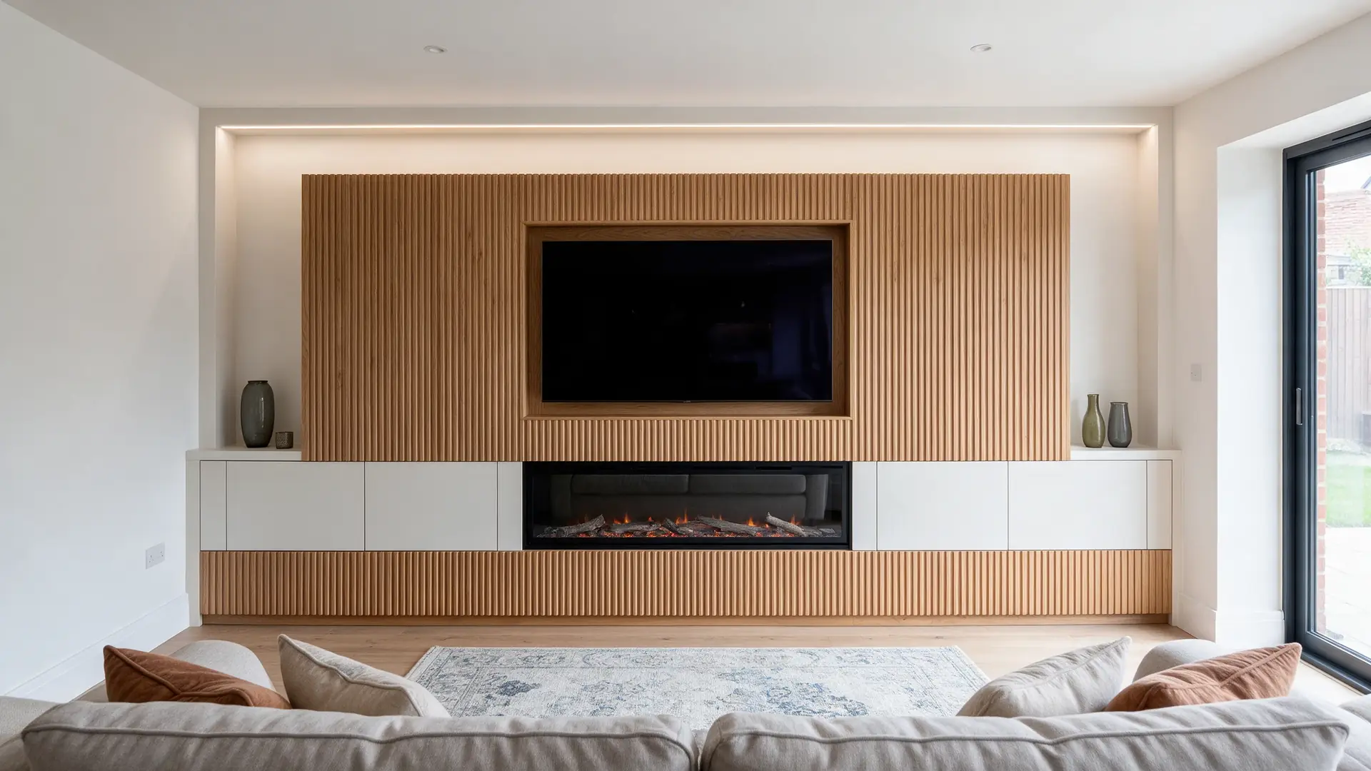 Fluted oak media wall with recessed TV, fire and shelf lighting