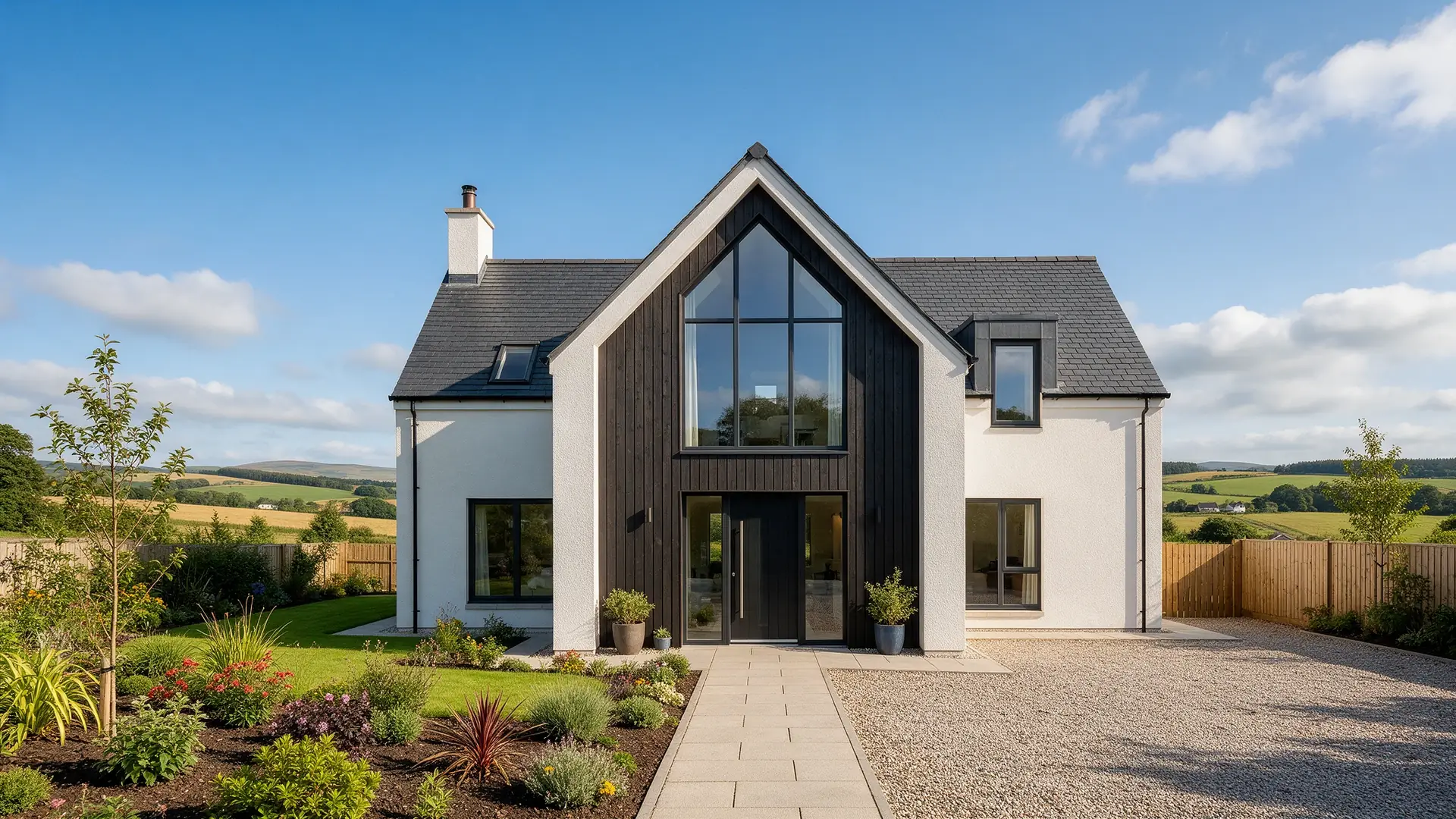 Contemporary new build home in the Ayrshire countryside with a glazed gable