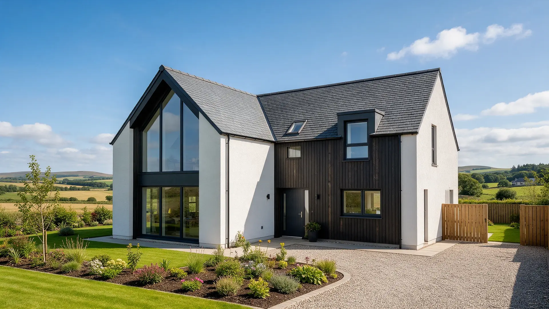 Contemporary new build home in the Ayrshire countryside with a glazed gable