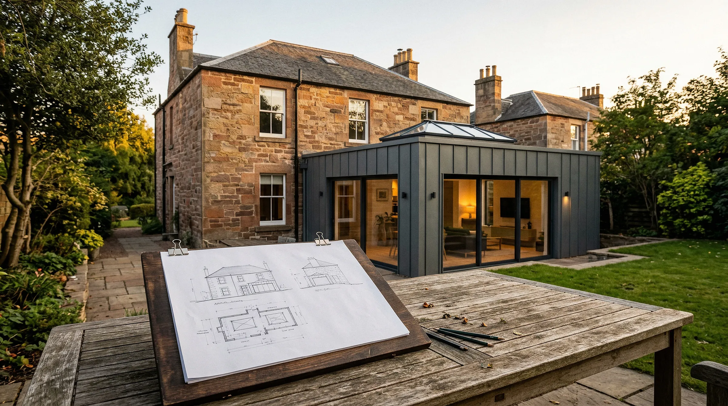 Architectural drawing on a garden table in front of a finished modern rear extension